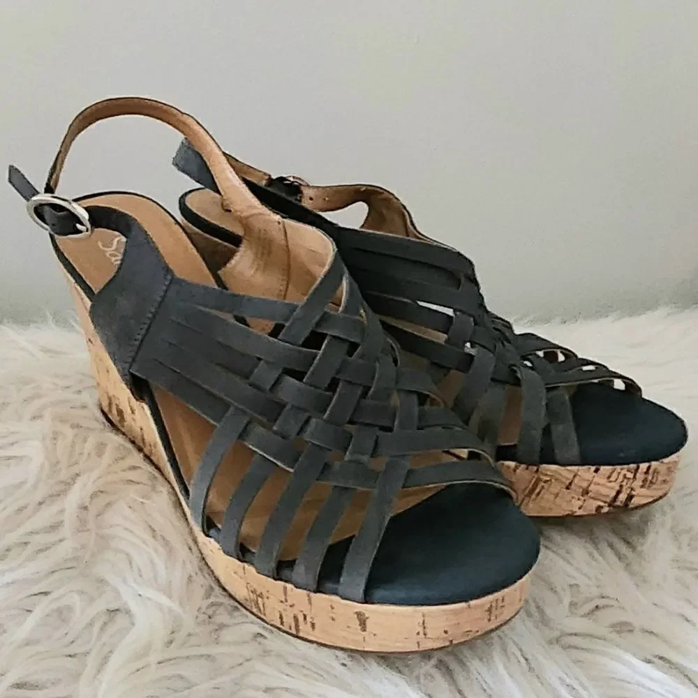 Franco Sarto open toe cork wedge sandals slingback women's 11 blue gray color